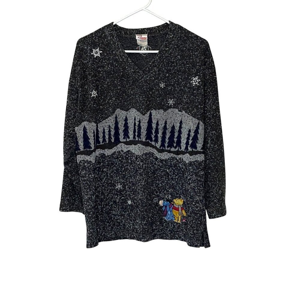 Vintage Disney Winnie the Pooh Winter Women Large Gray Sweater